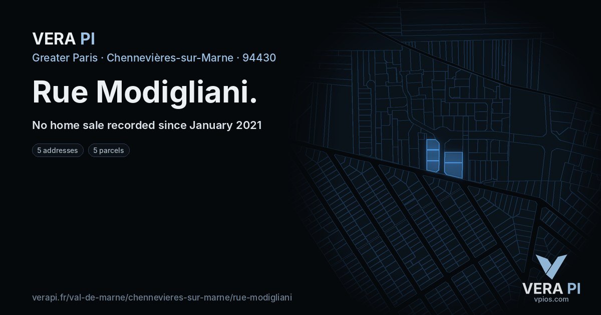 Rue Modigliani, Chennevières-sur-Marne at night – every parcel coloured by the prices around it, the street's own parcels lit