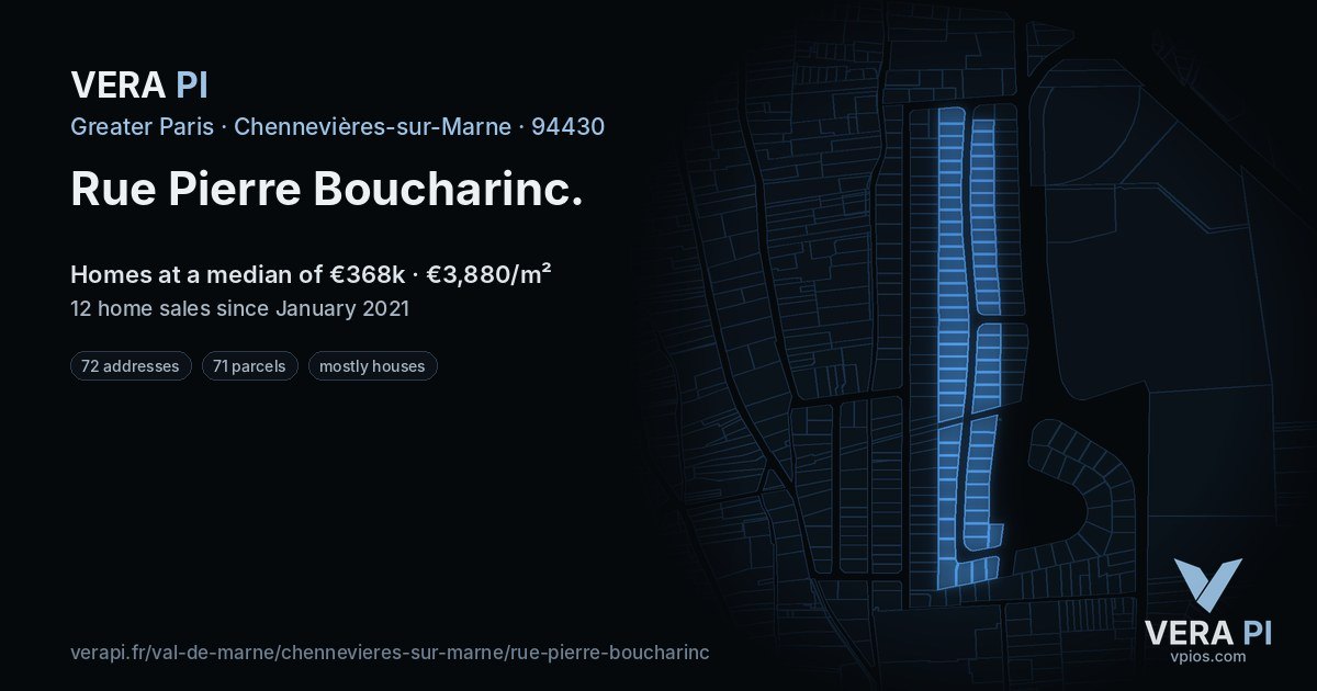 Rue Pierre Boucharinc, Chennevières-sur-Marne at night – every parcel coloured by the prices around it, the street's own parcels lit