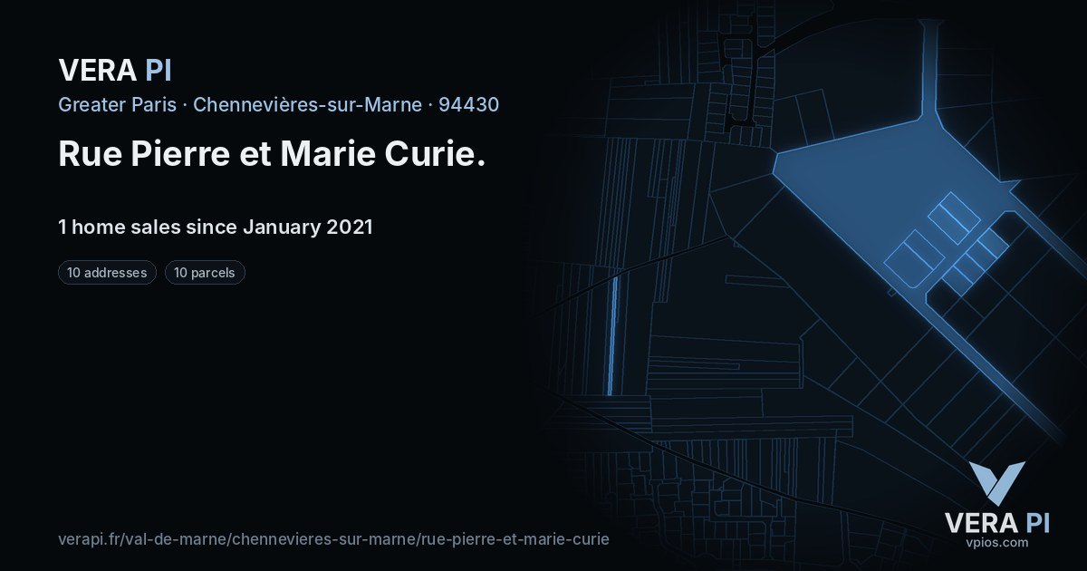 Rue Pierre et Marie Curie, Chennevières-sur-Marne at night – every parcel coloured by the prices around it, the street's own parcels lit