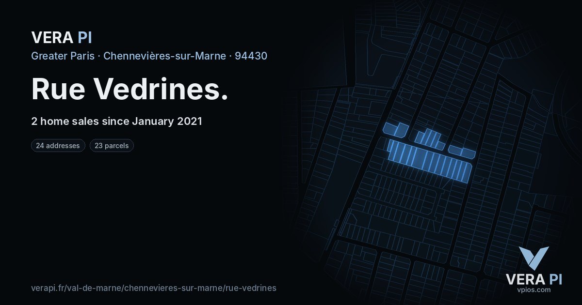 Rue Vedrines, Chennevières-sur-Marne at night – every parcel coloured by the prices around it, the street's own parcels lit