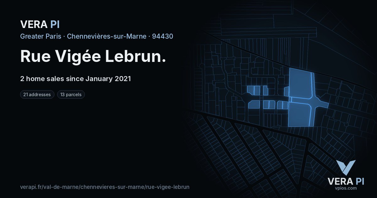 Rue Vigée Lebrun, Chennevières-sur-Marne at night – every parcel coloured by the prices around it, the street's own parcels lit