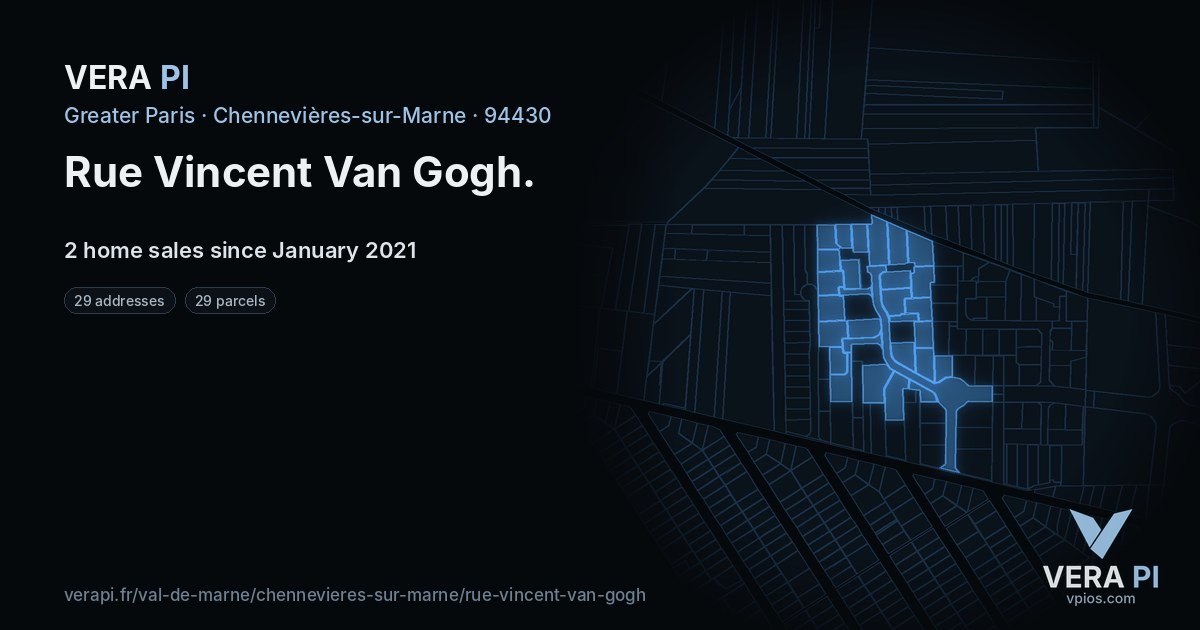 Rue Vincent Van Gogh, Chennevières-sur-Marne at night – every parcel coloured by the prices around it, the street's own parcels lit