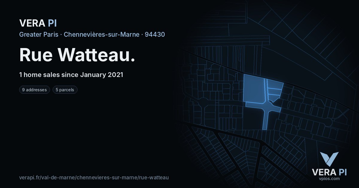 Rue Watteau, Chennevières-sur-Marne at night – every parcel coloured by the prices around it, the street's own parcels lit