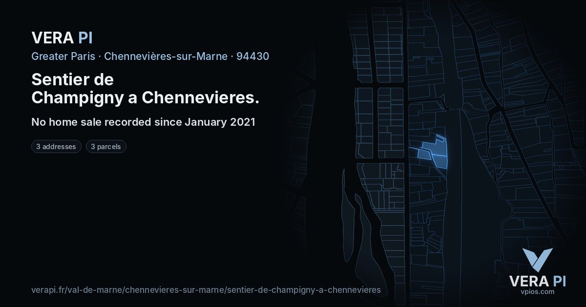 Sentier de Champigny a Chennevieres, Chennevières-sur-Marne at night – every parcel coloured by the prices around it, the street's own parcels lit