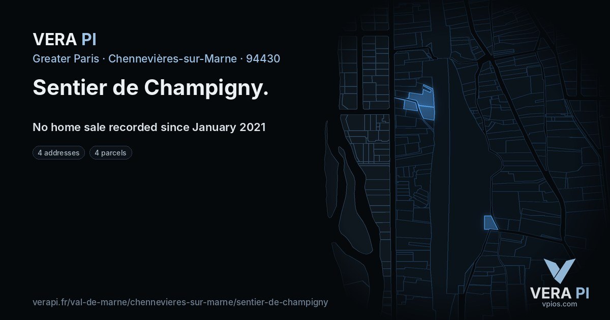 Sentier de Champigny, Chennevières-sur-Marne at night – every parcel coloured by the prices around it, the street's own parcels lit