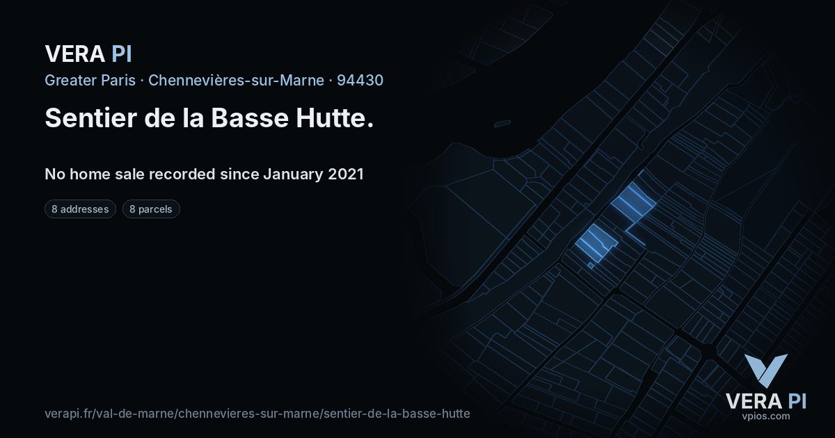 Sentier de la Basse Hutte, Chennevières-sur-Marne at night – every parcel coloured by the prices around it, the street's own parcels lit