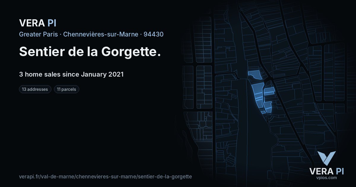Sentier de la Gorgette, Chennevières-sur-Marne at night – every parcel coloured by the prices around it, the street's own parcels lit