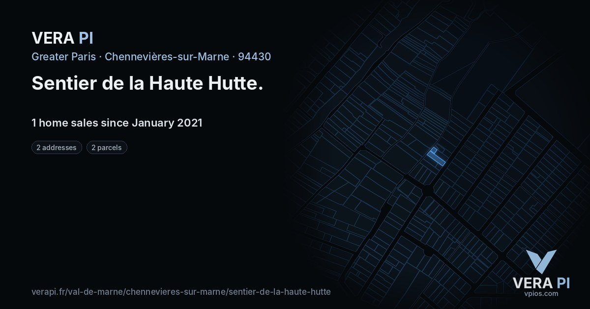 Sentier de la Haute Hutte, Chennevières-sur-Marne at night – every parcel coloured by the prices around it, the street's own parcels lit