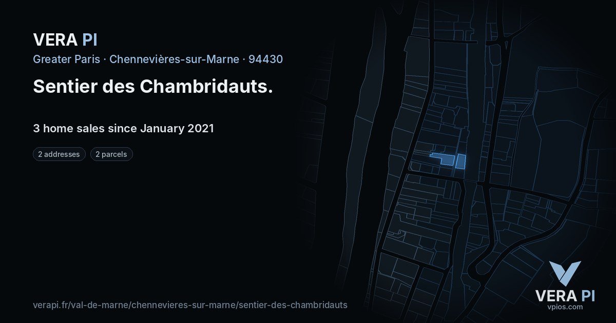 Sentier des Chambridauts, Chennevières-sur-Marne at night – every parcel coloured by the prices around it, the street's own parcels lit