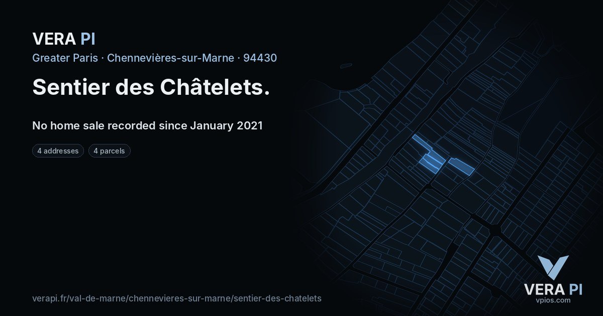 Sentier des Châtelets, Chennevières-sur-Marne at night – every parcel coloured by the prices around it, the street's own parcels lit