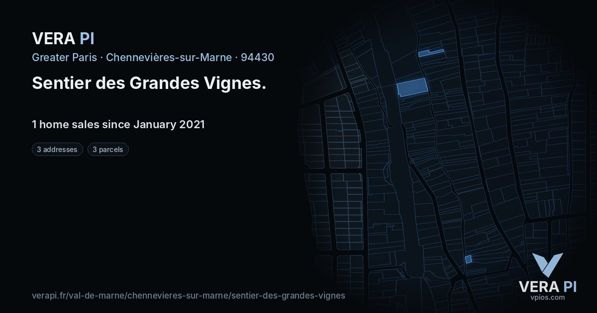 Sentier des Grandes Vignes, Chennevières-sur-Marne at night – every parcel coloured by the prices around it, the street's own parcels lit