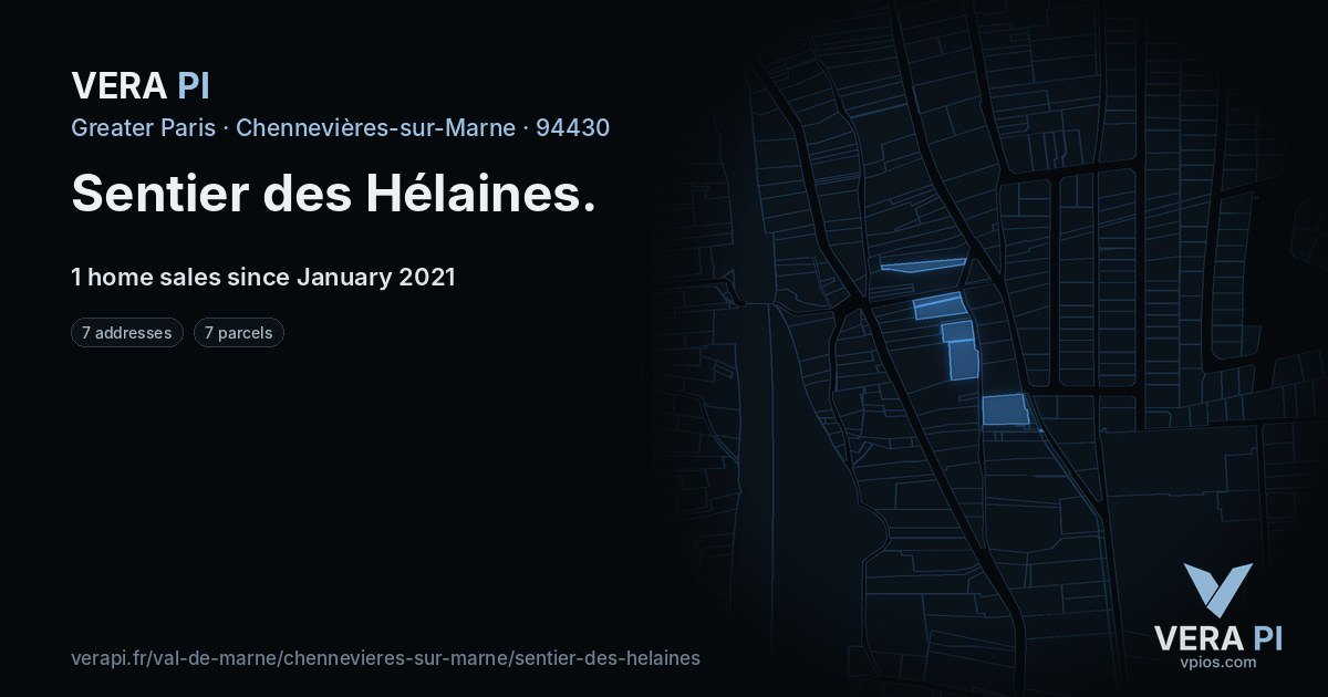 Sentier des Hélaines, Chennevières-sur-Marne at night – every parcel coloured by the prices around it, the street's own parcels lit