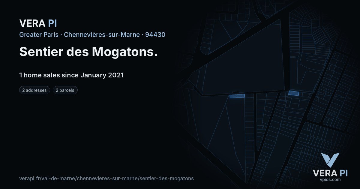 Sentier des Mogatons, Chennevières-sur-Marne at night – every parcel coloured by the prices around it, the street's own parcels lit