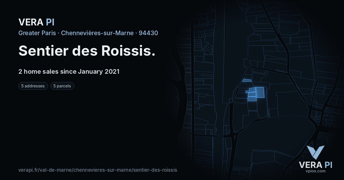 Sentier des Roissis, Chennevières-sur-Marne at night – every parcel coloured by the prices around it, the street's own parcels lit