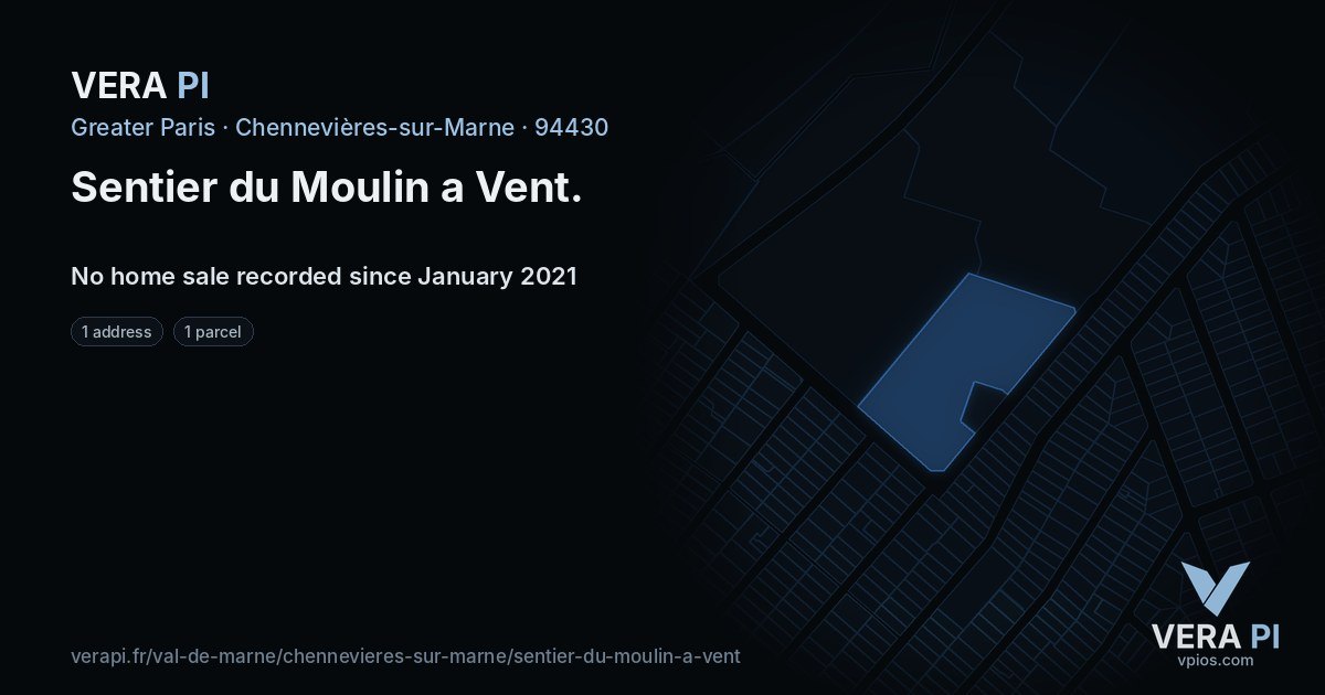 Sentier du Moulin a Vent, Chennevières-sur-Marne at night – every parcel coloured by the prices around it, the street's own parcels lit