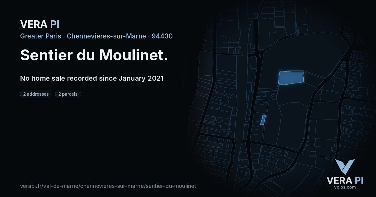 Sentier du Moulinet, Chennevières-sur-Marne at night – every parcel coloured by the prices around it, the street's own parcels lit