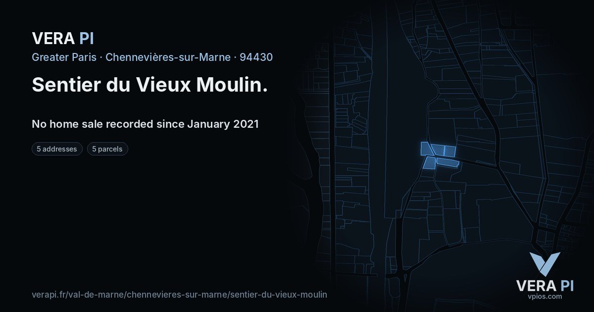 Sentier du Vieux Moulin, Chennevières-sur-Marne at night – every parcel coloured by the prices around it, the street's own parcels lit