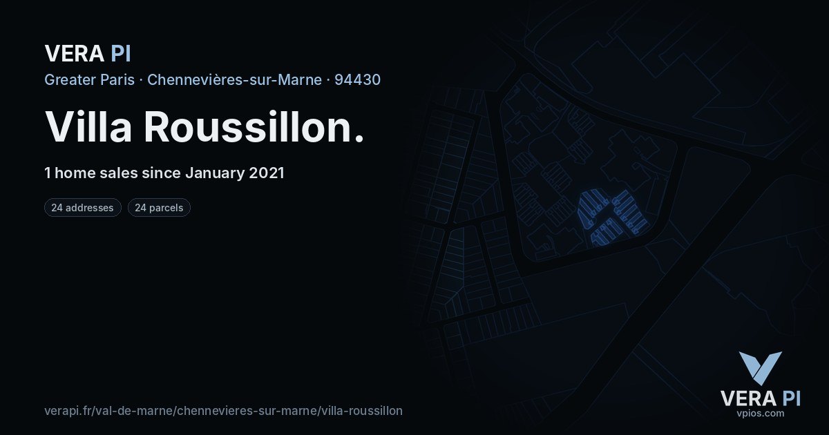 Villa Roussillon, Chennevières-sur-Marne at night – every parcel coloured by the prices around it, the street's own parcels lit