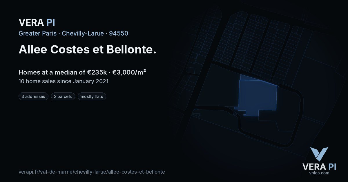 Allee Costes et Bellonte, Chevilly-Larue at night – every parcel coloured by the prices around it, the street's own parcels lit