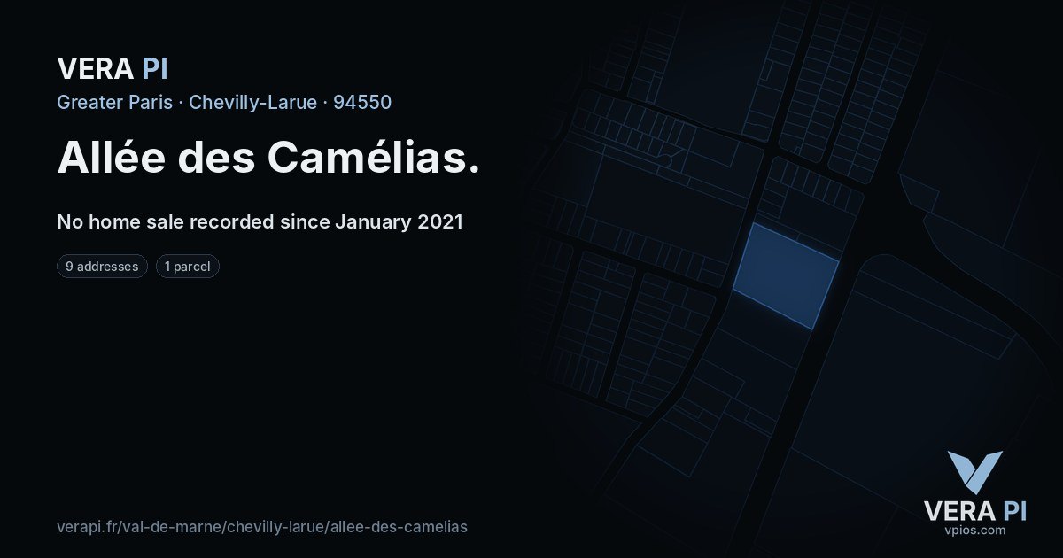 Allée des Camélias, Chevilly-Larue at night – every parcel coloured by the prices around it, the street's own parcels lit