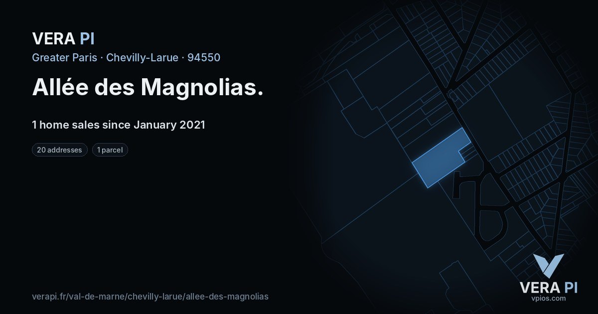 Allée des Magnolias, Chevilly-Larue at night – every parcel coloured by the prices around it, the street's own parcels lit