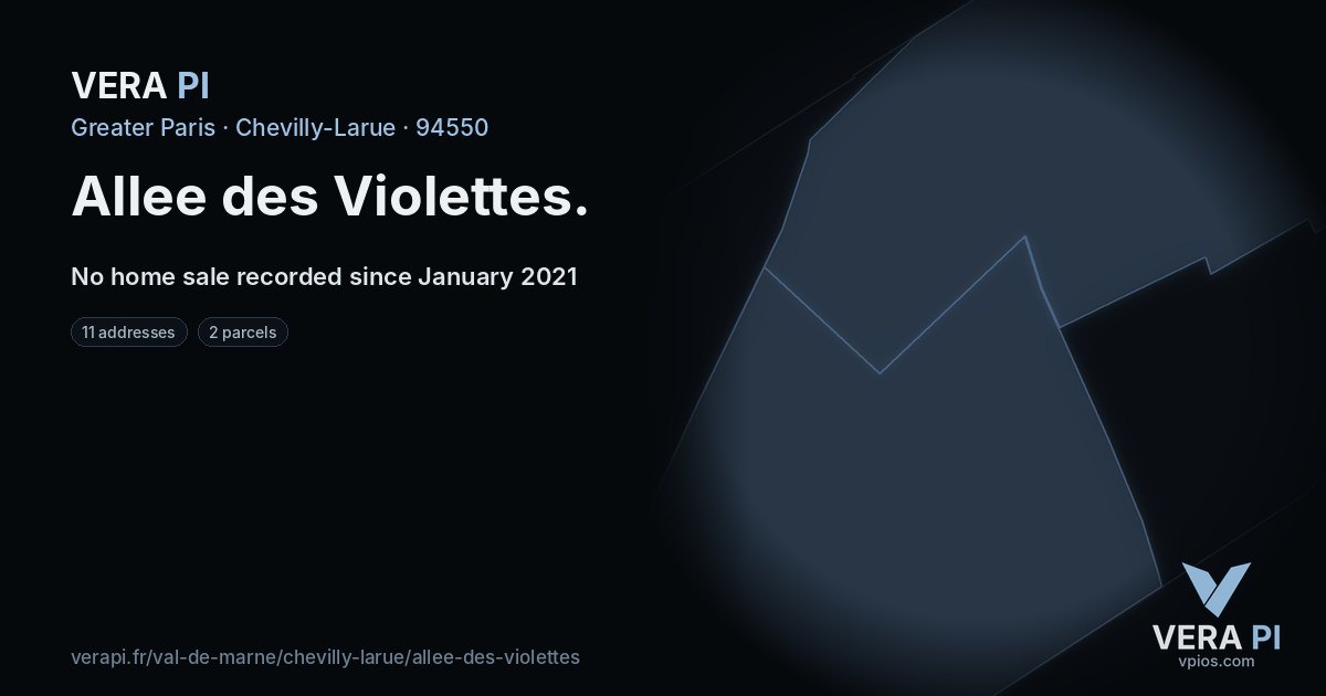 Allee des Violettes, Chevilly-Larue at night – every parcel coloured by the prices around it, the street's own parcels lit