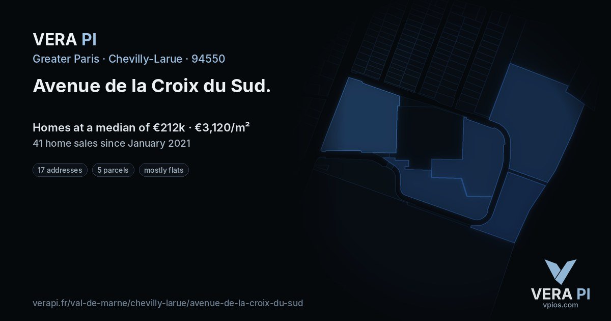 Avenue de la Croix du Sud, Chevilly-Larue at night – every parcel coloured by the prices around it, the street's own parcels lit