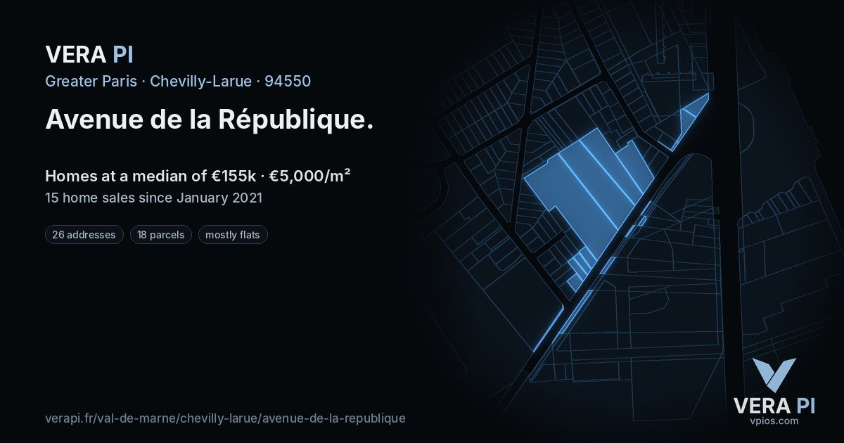 Avenue de la République, Chevilly-Larue at night – every parcel coloured by the prices around it, the street's own parcels lit