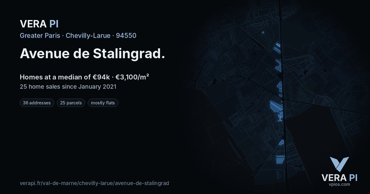 Avenue de Stalingrad, Chevilly-Larue at night – every parcel coloured by the prices around it, the street's own parcels lit