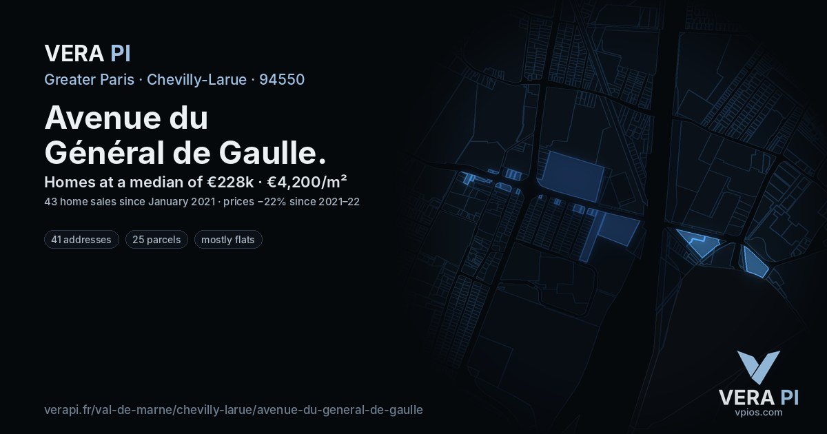 Avenue du Général de Gaulle, Chevilly-Larue at night – every parcel coloured by the prices around it, the street's own parcels lit