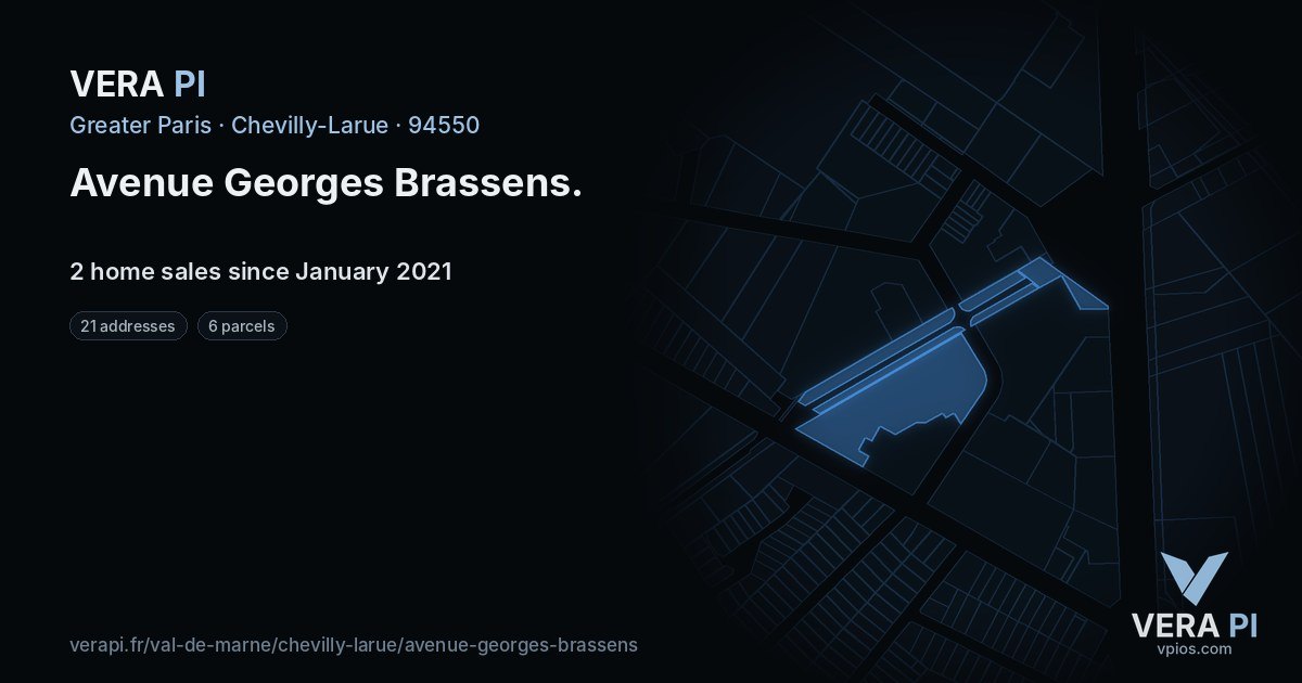 Avenue Georges Brassens, Chevilly-Larue at night – every parcel coloured by the prices around it, the street's own parcels lit