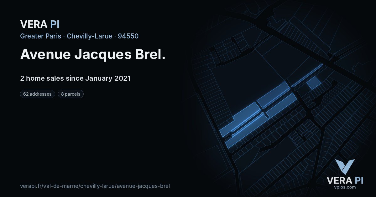 Avenue Jacques Brel, Chevilly-Larue at night – every parcel coloured by the prices around it, the street's own parcels lit