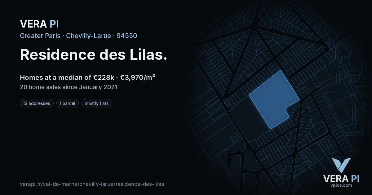 Residence des Lilas, Chevilly-Larue at night – every parcel coloured by the prices around it, the street's own parcels lit