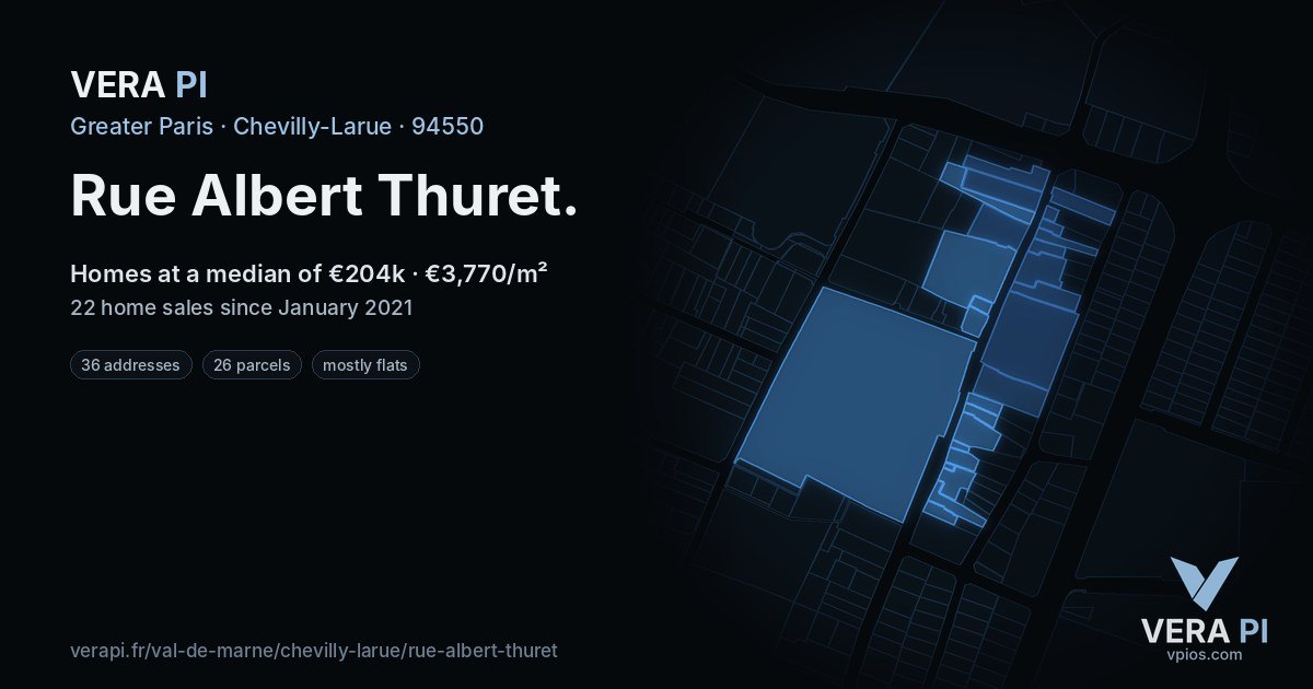 Rue Albert Thuret, Chevilly-Larue at night – every parcel coloured by the prices around it, the street's own parcels lit