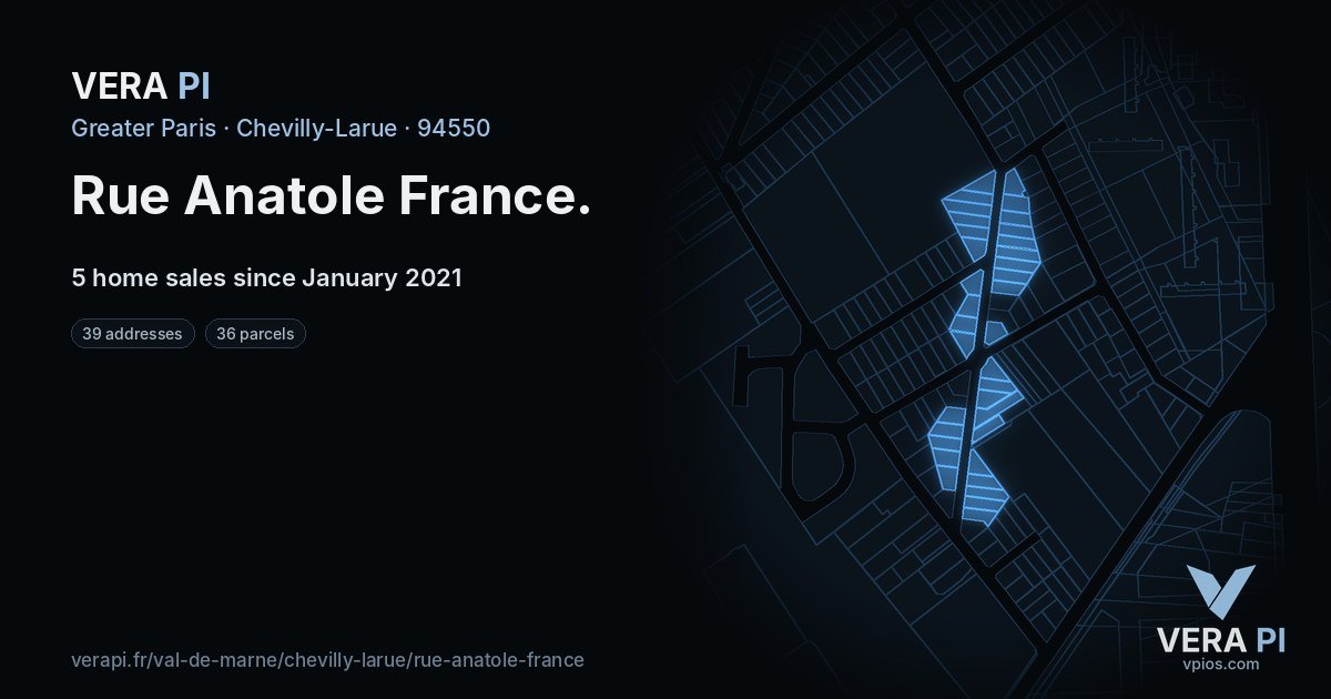 Rue Anatole France, Chevilly-Larue at night – every parcel coloured by the prices around it, the street's own parcels lit