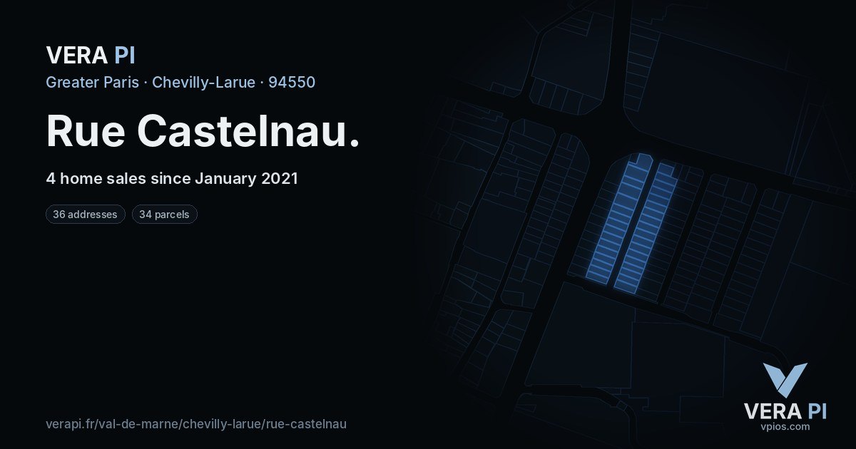 Rue Castelnau, Chevilly-Larue at night – every parcel coloured by the prices around it, the street's own parcels lit