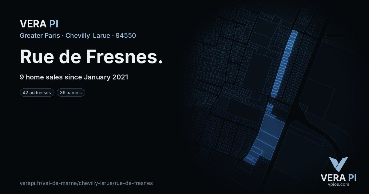 Rue de Fresnes, Chevilly-Larue at night – every parcel coloured by the prices around it, the street's own parcels lit
