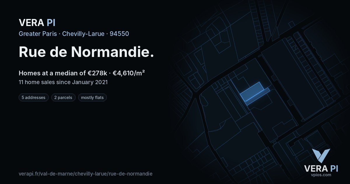 Rue de Normandie, Chevilly-Larue at night – every parcel coloured by the prices around it, the street's own parcels lit
