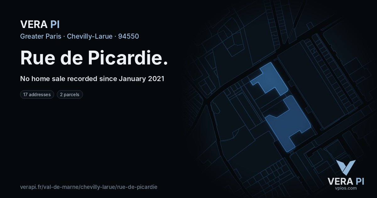 Rue de Picardie, Chevilly-Larue at night – every parcel coloured by the prices around it, the street's own parcels lit