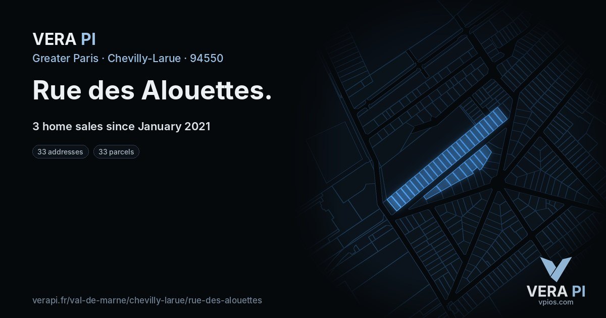 Rue des Alouettes, Chevilly-Larue at night – every parcel coloured by the prices around it, the street's own parcels lit