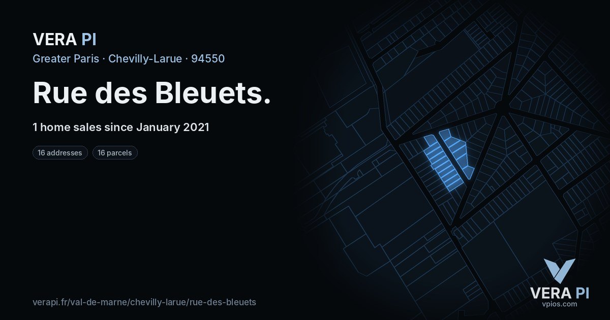 Rue des Bleuets, Chevilly-Larue at night – every parcel coloured by the prices around it, the street's own parcels lit