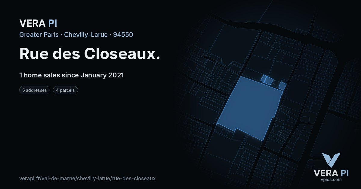 Rue des Closeaux, Chevilly-Larue at night – every parcel coloured by the prices around it, the street's own parcels lit