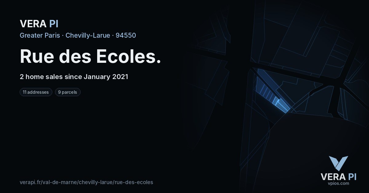 Rue des Ecoles, Chevilly-Larue at night – every parcel coloured by the prices around it, the street's own parcels lit