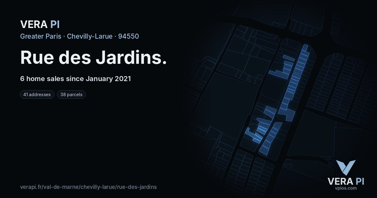 Rue des Jardins, Chevilly-Larue at night – every parcel coloured by the prices around it, the street's own parcels lit