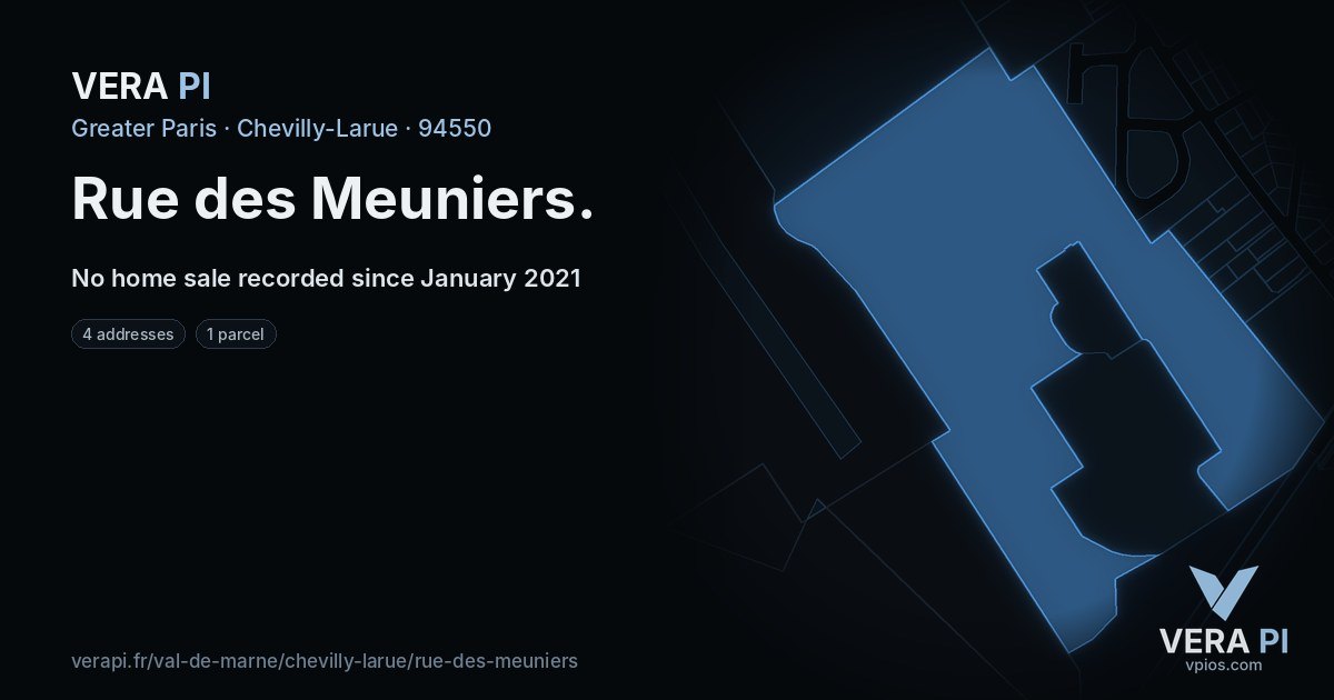 Rue des Meuniers, Chevilly-Larue at night – every parcel coloured by the prices around it, the street's own parcels lit