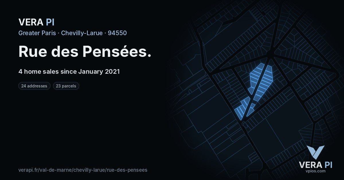 Rue des Pensées, Chevilly-Larue at night – every parcel coloured by the prices around it, the street's own parcels lit