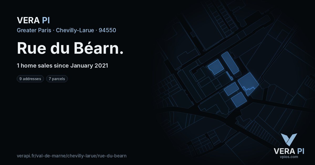 Rue du Béarn, Chevilly-Larue at night – every parcel coloured by the prices around it, the street's own parcels lit