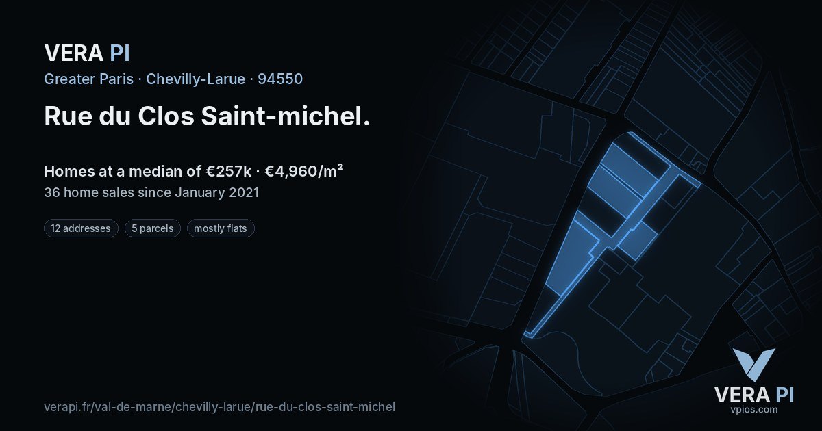 Rue du Clos Saint-michel, Chevilly-Larue at night – every parcel coloured by the prices around it, the street's own parcels lit