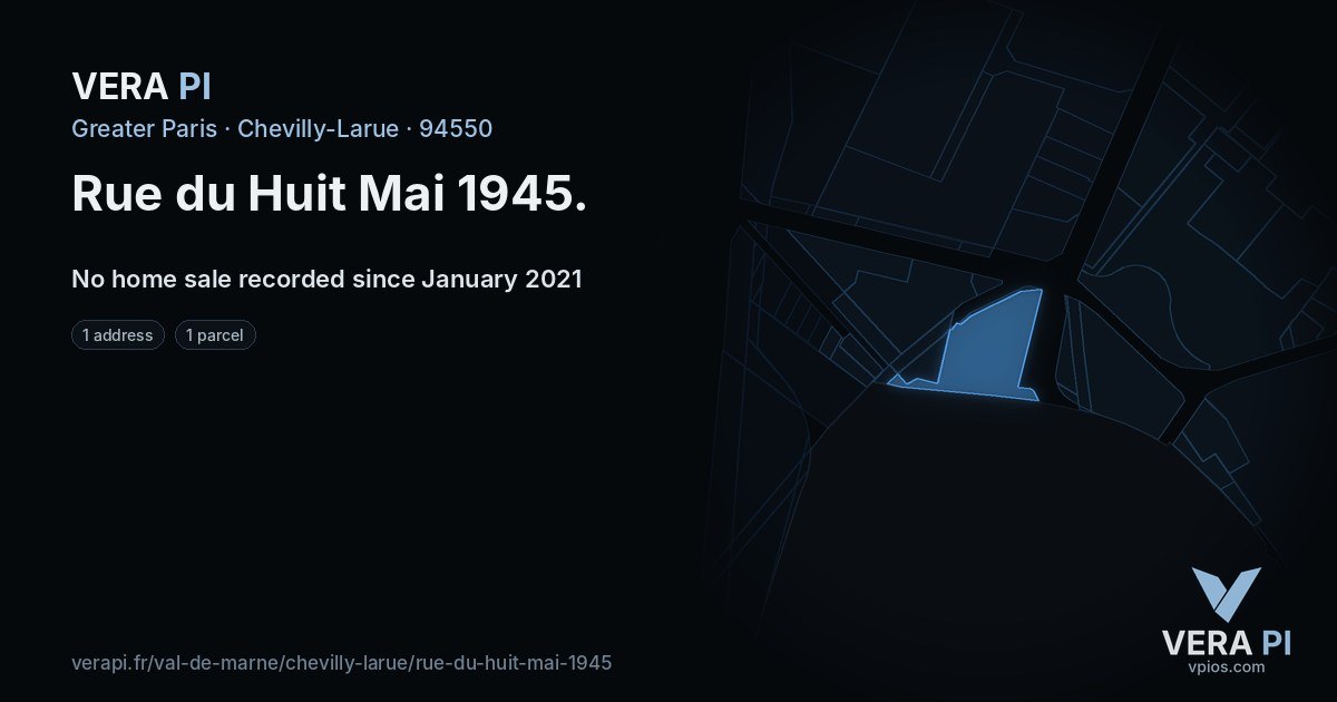 Rue du Huit Mai 1945, Chevilly-Larue at night – every parcel coloured by the prices around it, the street's own parcels lit