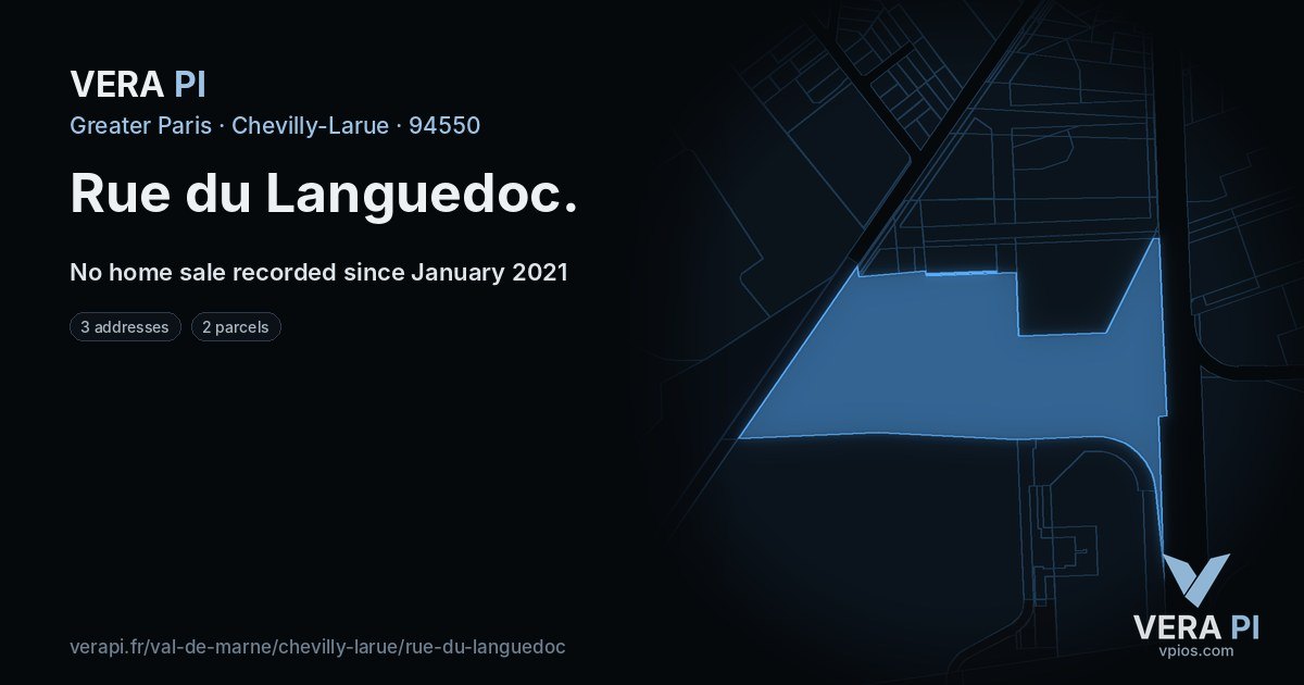 Rue du Languedoc, Chevilly-Larue at night – every parcel coloured by the prices around it, the street's own parcels lit